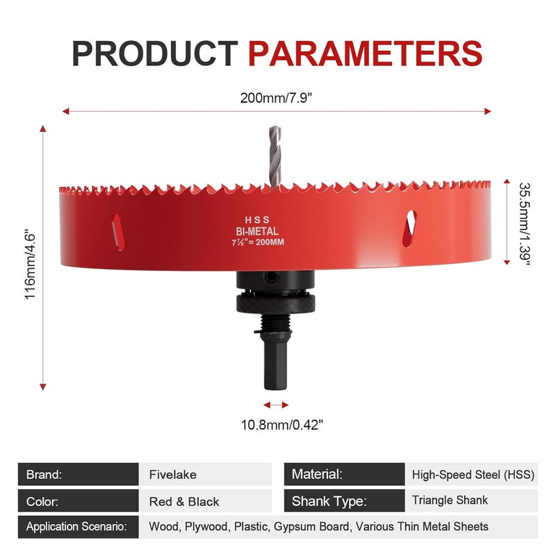 FIVELAKE 7-7/8" (200mm) Bi-Metal M42 High Speed Steel Hole Saw with Pilot Drill Bit, Smooth Cutting Edge for PVC, Drywall, Wood, Plastic, Gypsum Board, Rubber, Thin Metal - Image 4